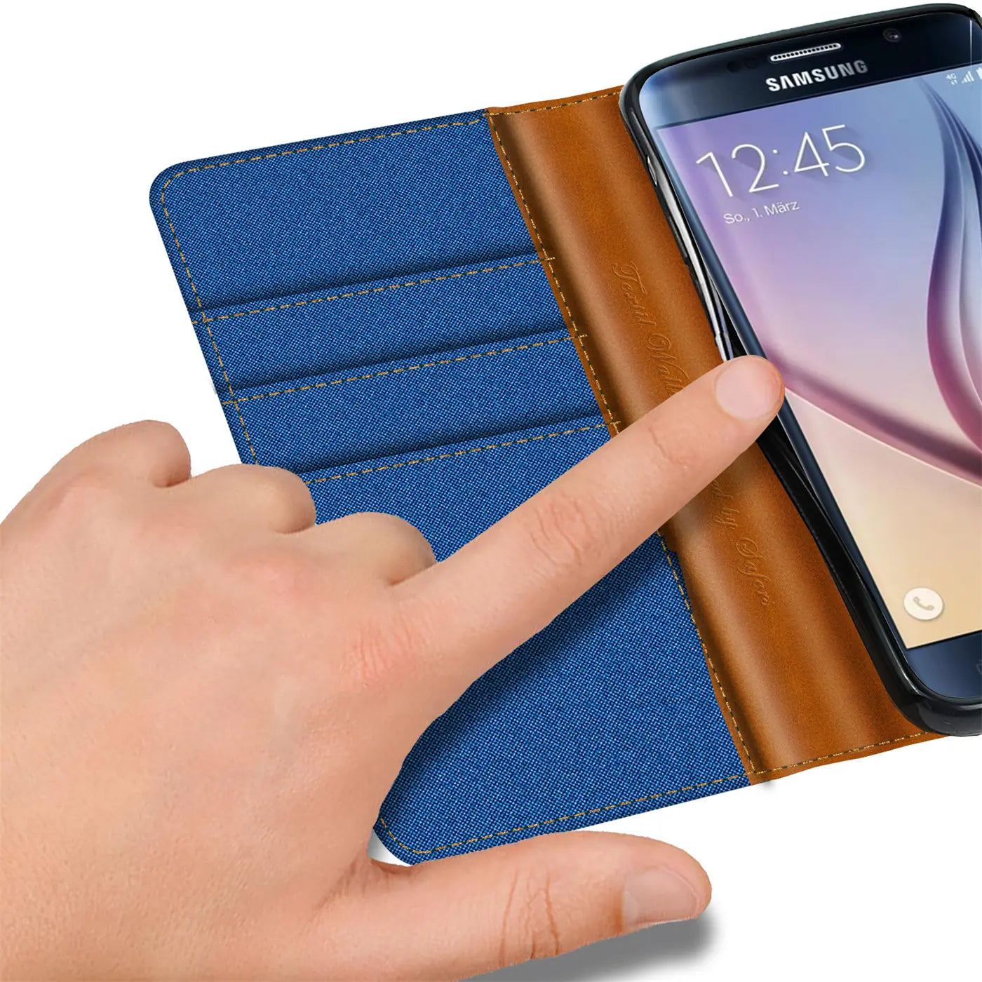 Blaue Textil-Klapphülle mit braunem Lederdetail, zeigt Samsung S6 Edge, von oben.