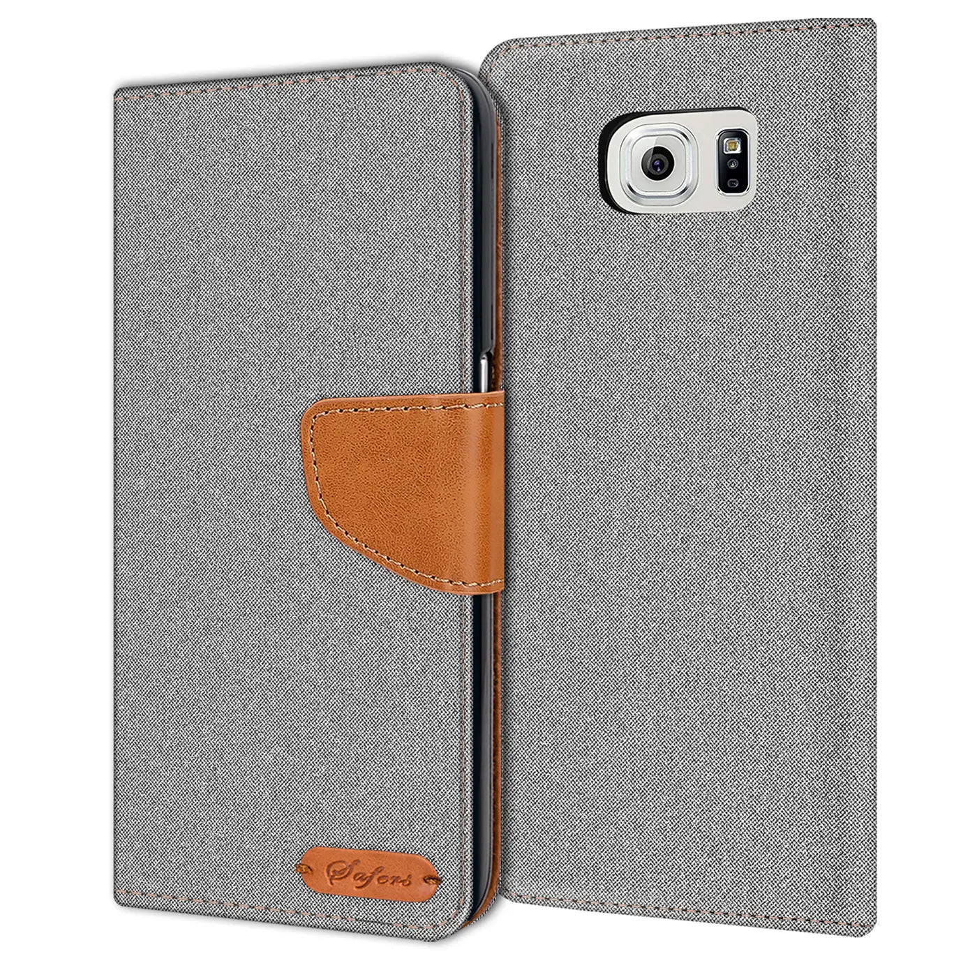 Graue Textil-Klapphülle mit braunem Lederakzent für Samsung Galaxy S6 Edge, von vorne.
