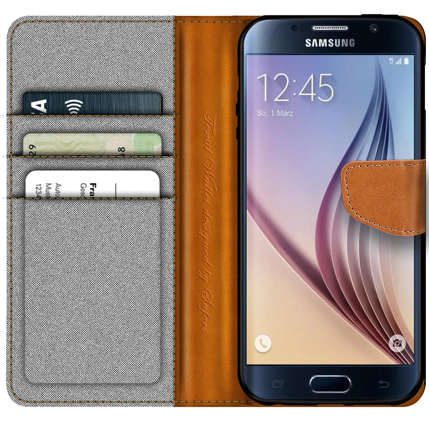 Graue Textil-Klapphülle mit braunen Lederdetails, von vorne, zeigt Samsung Galaxy S6 Edge.