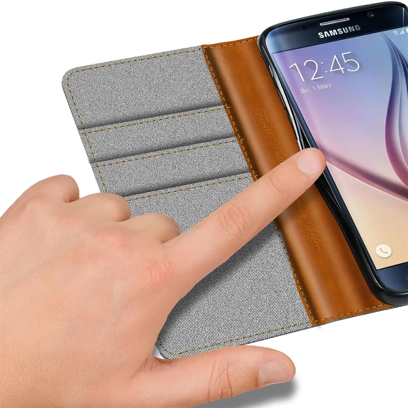Graue Textil-Klapphülle mit braunen Leder-Akzenten, Samsung S6 Edge, von vorn