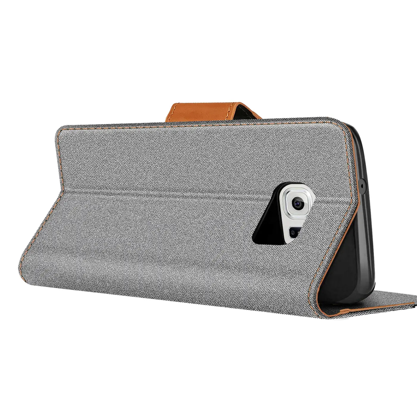 Graue Textil-Klapphülle mit braunem Lederriemen, seitliche Ansicht, zeigt Samsung S6 Edge Kamera.