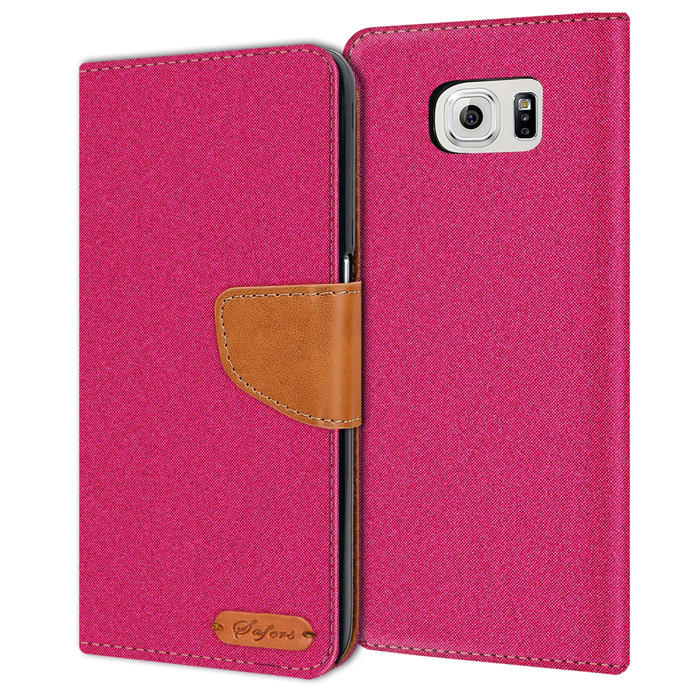 Pink Textil-Klapphülle mit braunem Lederriemen für Samsung S6 Edge, von vorne