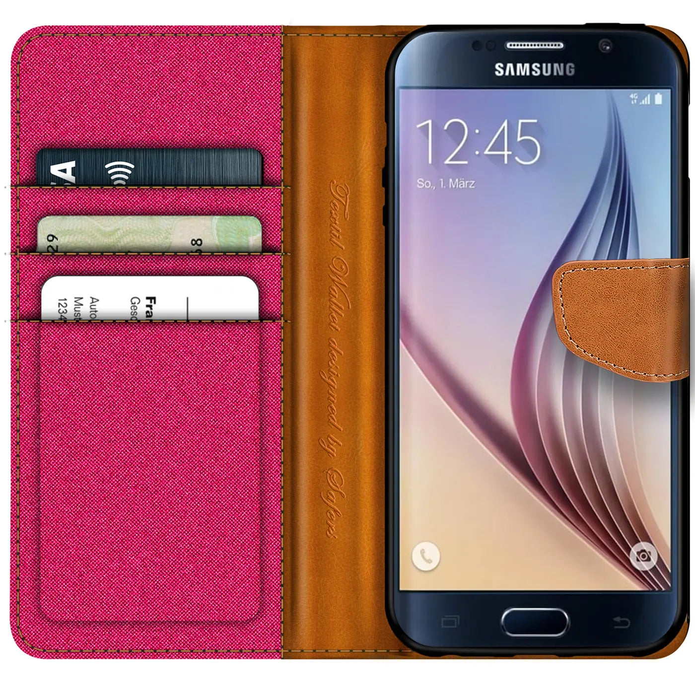 Samsung Galaxy S6 Edge in brauner Leder-Klapphülle mit pinkem Textil-Innenleben und Kartenfächern.