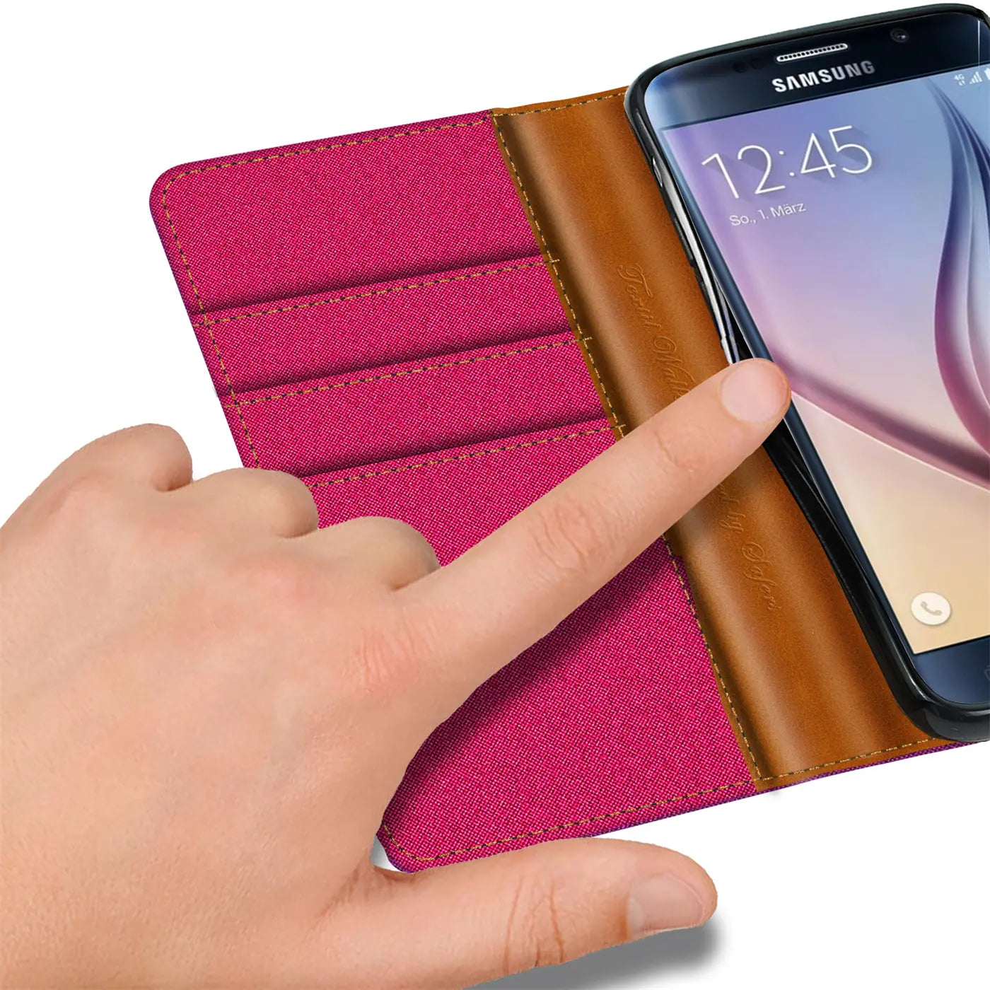 Pink Textil Klapphülle mit braunem Leder, Samsung S6 Edge, von oben links