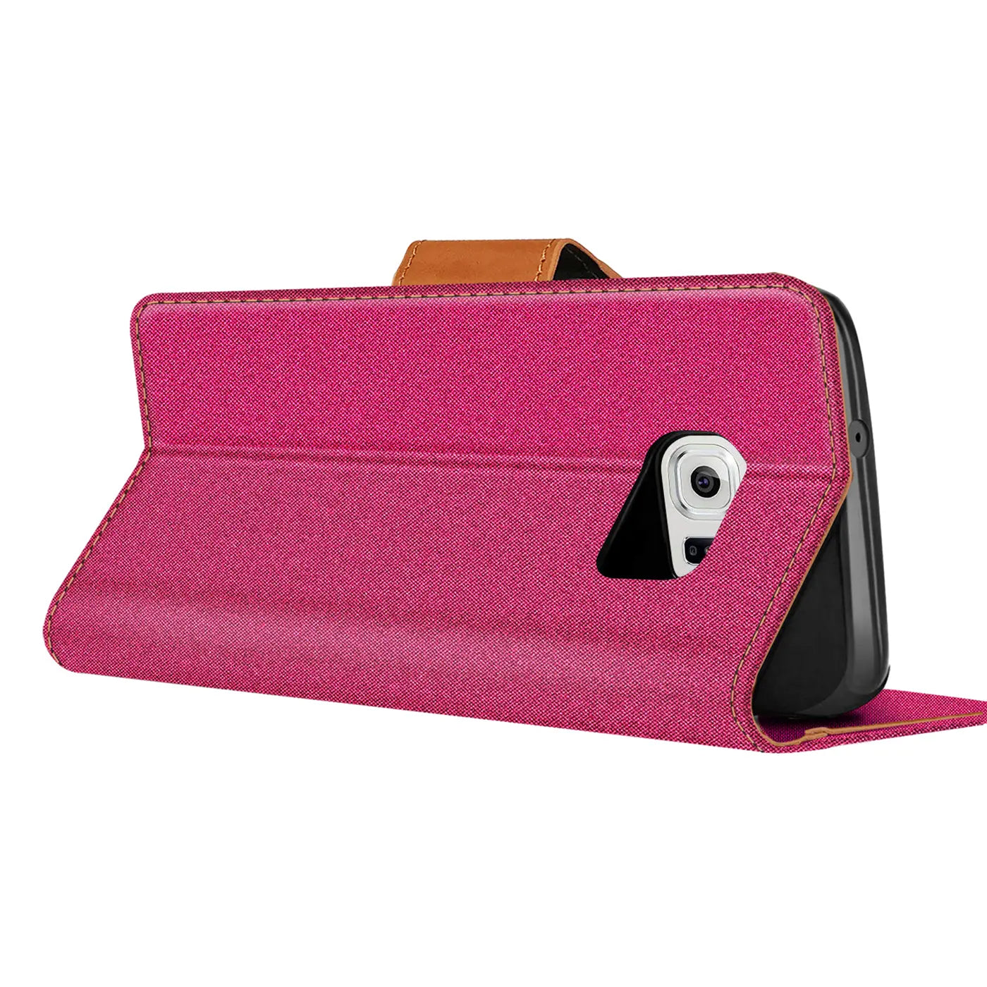 Pink Textil Klapphülle mit Kartenfach, Seitenansicht, Samsung Galaxy S6 Edge.