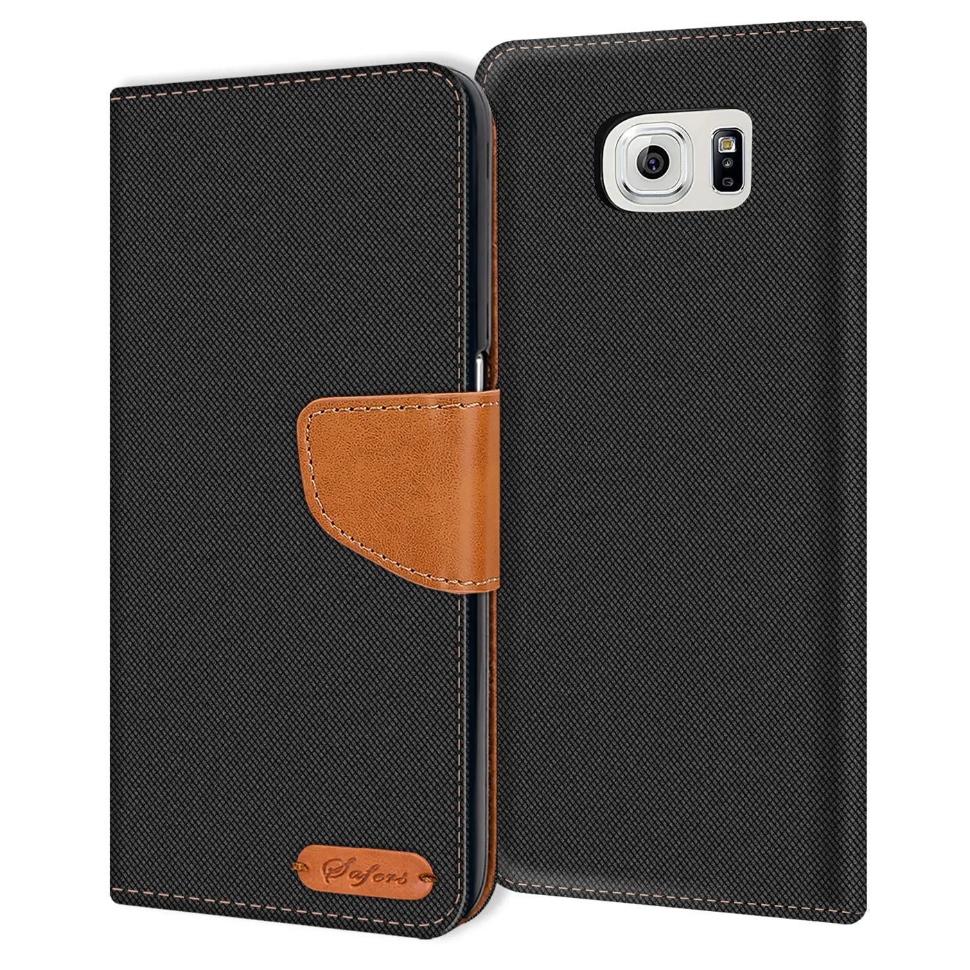 Schwarze Textil-Klapphülle mit braunem Lederakzent, Vorder- und Rückansicht, für Samsung Galaxy S6 Edge.