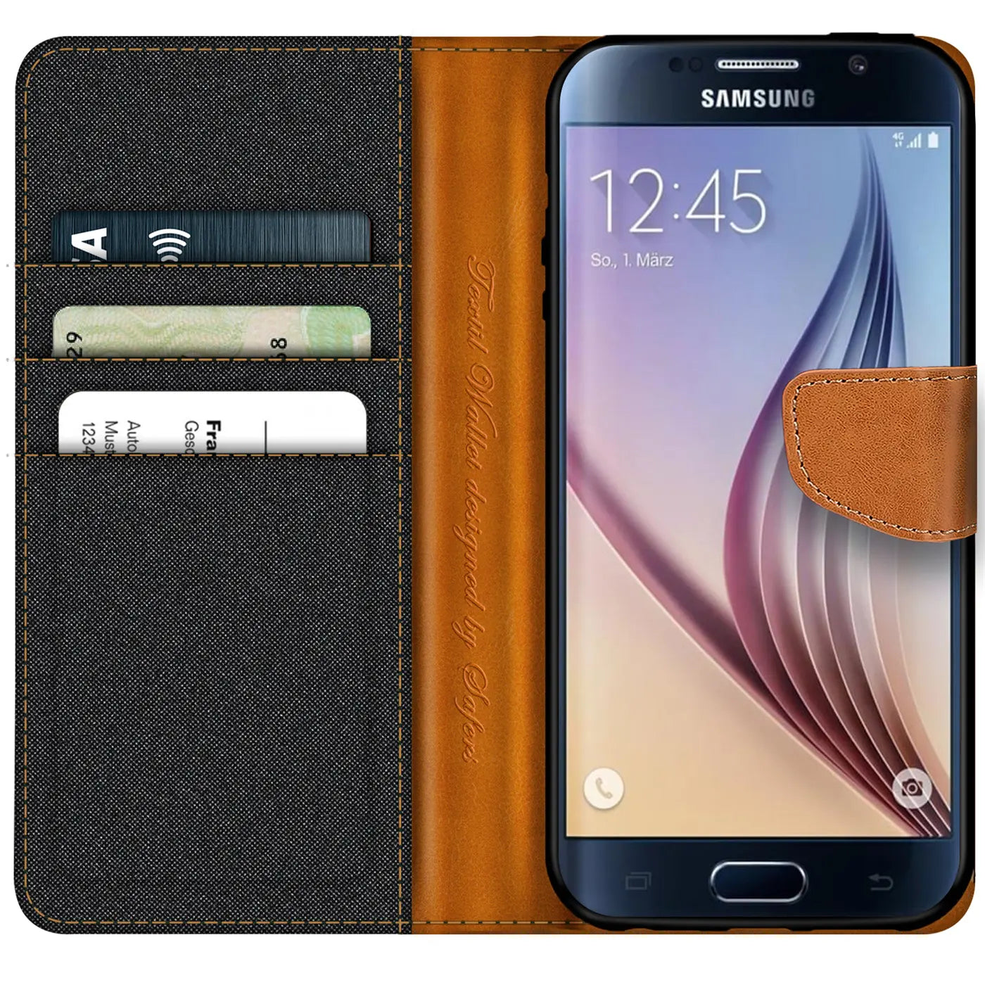 Textil Klapphülle mit Kartenfach, braun/grau, Samsung S6 Edge, von vorne