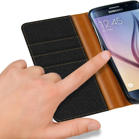 Samsung Galaxy S6 Edge Klapphülle im Jeanslook mit Karten- und Geldfach