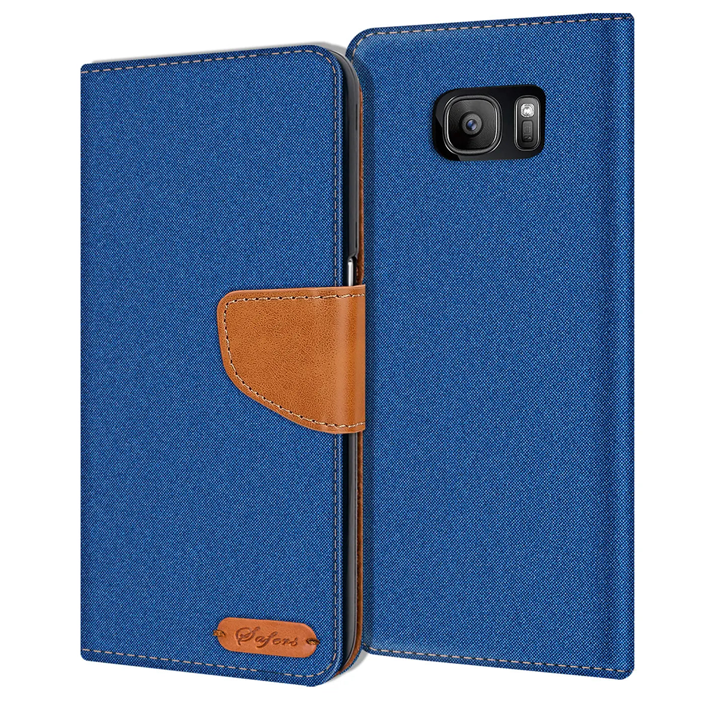 Blaue Textil-Klapphülle mit braunem Lederriemen, offen, zeigt Rückseite Samsung S7.