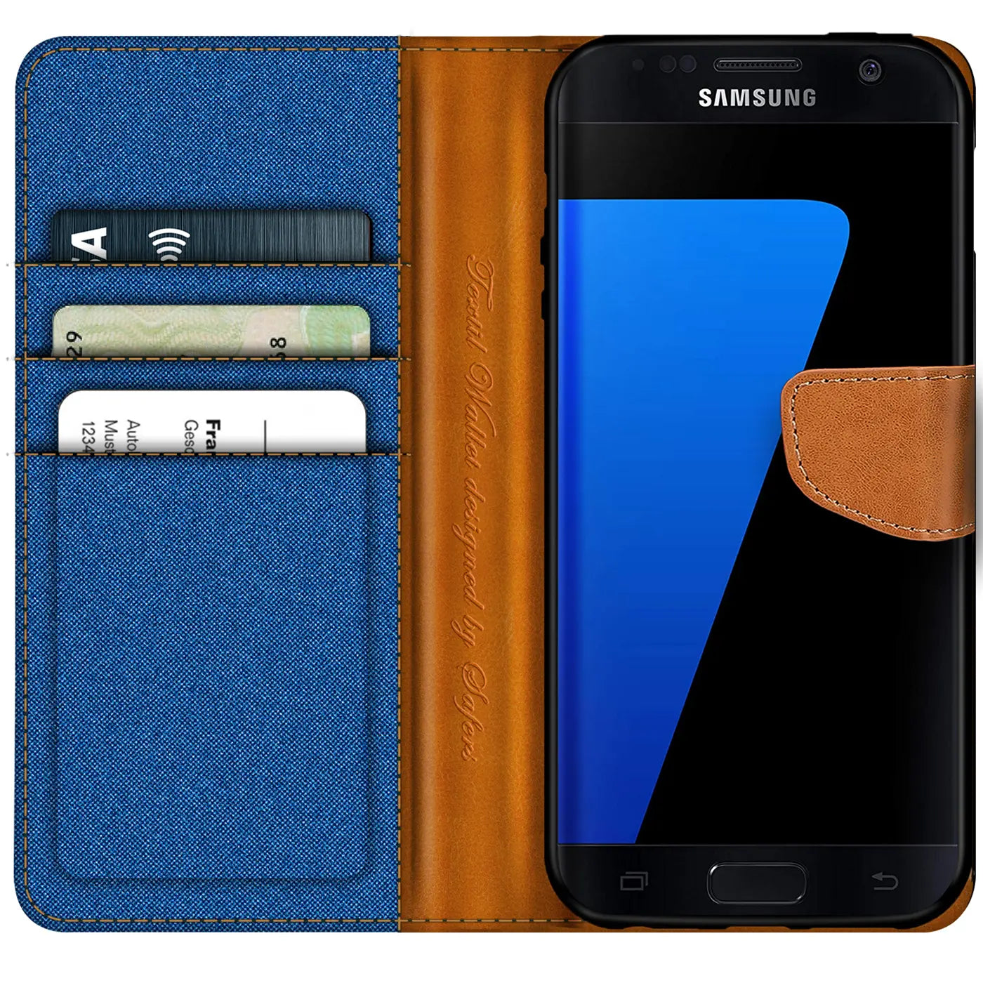 Blaue Textil-Klapphülle mit braunen Lederdetails und Kartenfächern für Samsung Galaxy S7.