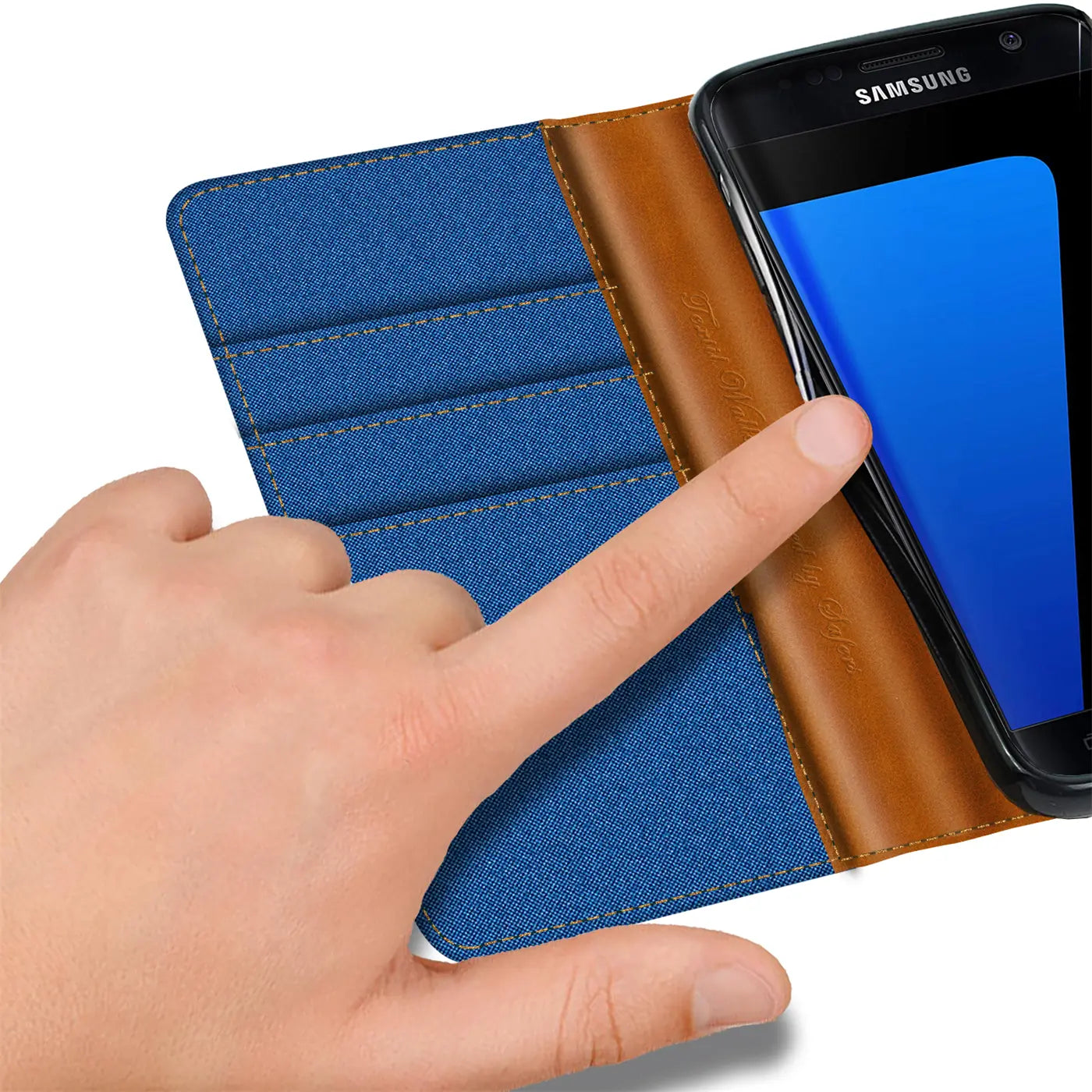Blaue Textil-Klapphülle mit braunen Lederdetails, Samsung Galaxy S7, Kartenfach, Nahaufnahme.