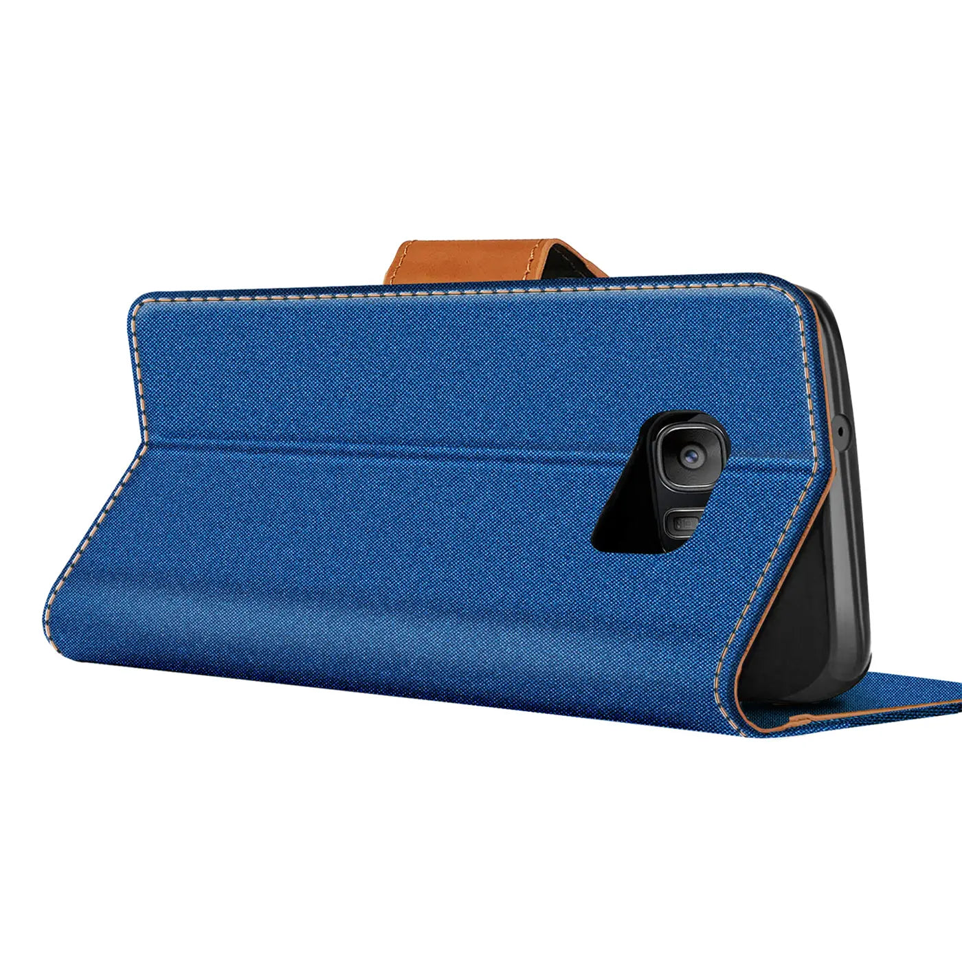 Blaue Textil-Klapphülle mit braunem Lederakzent, Seitenansicht, Samsung Galaxy S7 erkennbar.