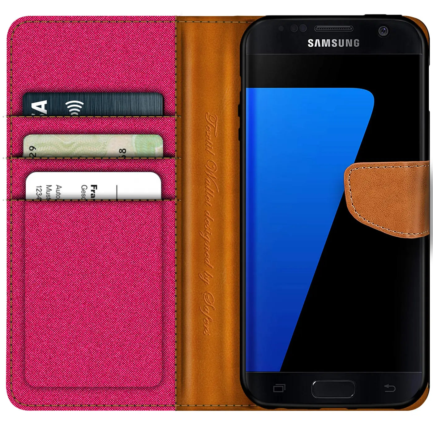 Textil-Klapphülle in Pink/Braun mit Kartenfächern, Samsung S7 Edge, von vorne