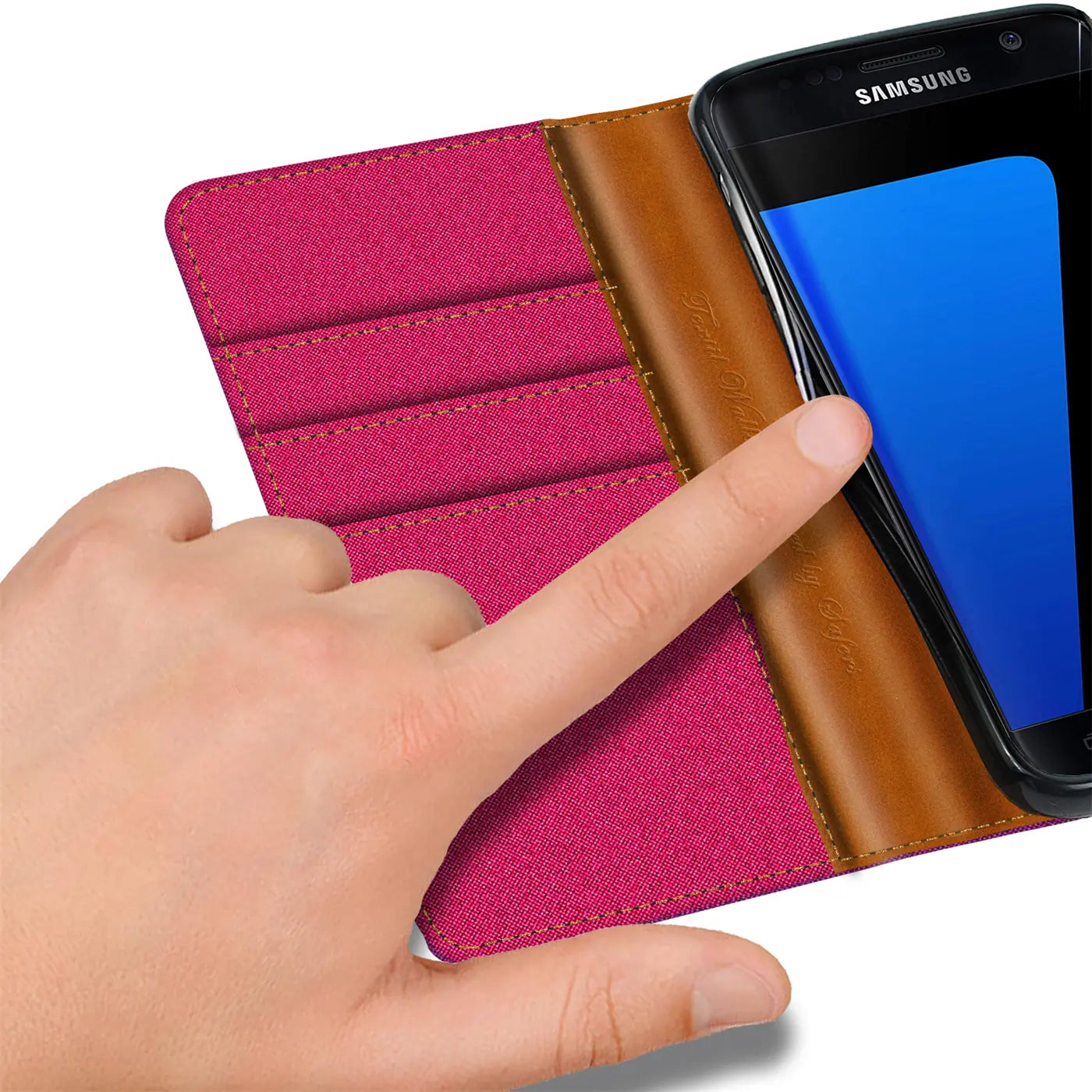 Pink Textil-Klapphülle mit Kartenfach, braunem Lederdetail, Samsung S7 Edge, Nahaufnahme.