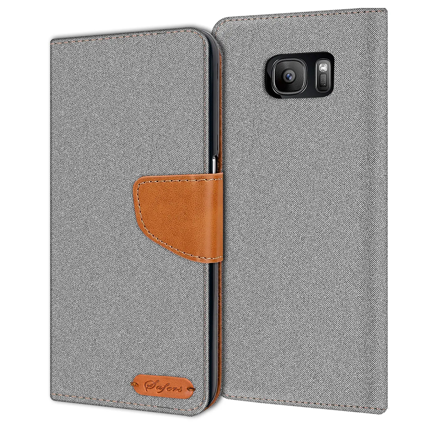 Graue Textil-Klapphülle mit braunem Lederriemen, Samsung Galaxy S7 sichtbar.