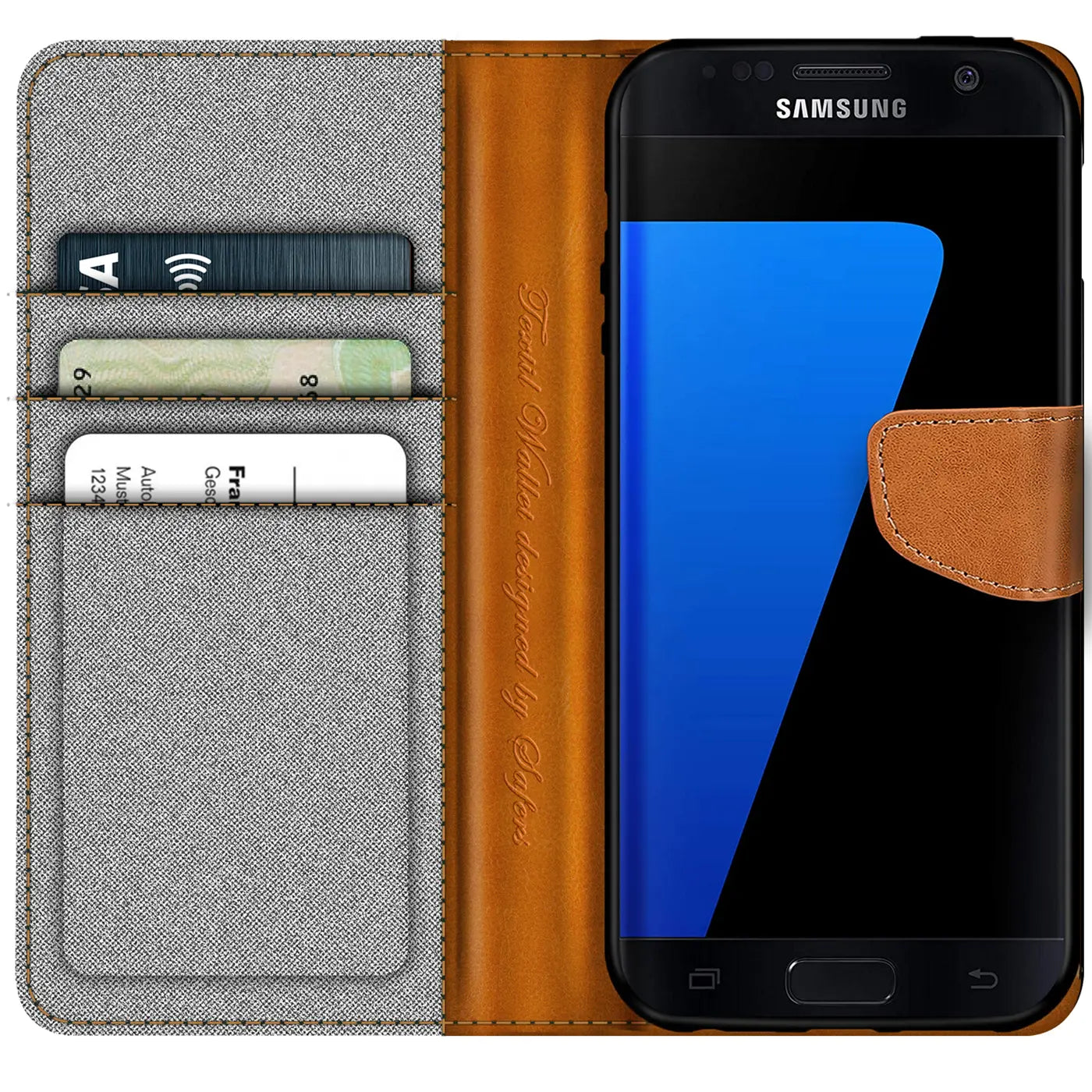 Graue Textil-Klapphülle mit braunen Lederakzenten, Kartenfächern, zeigt Samsung Galaxy S7.