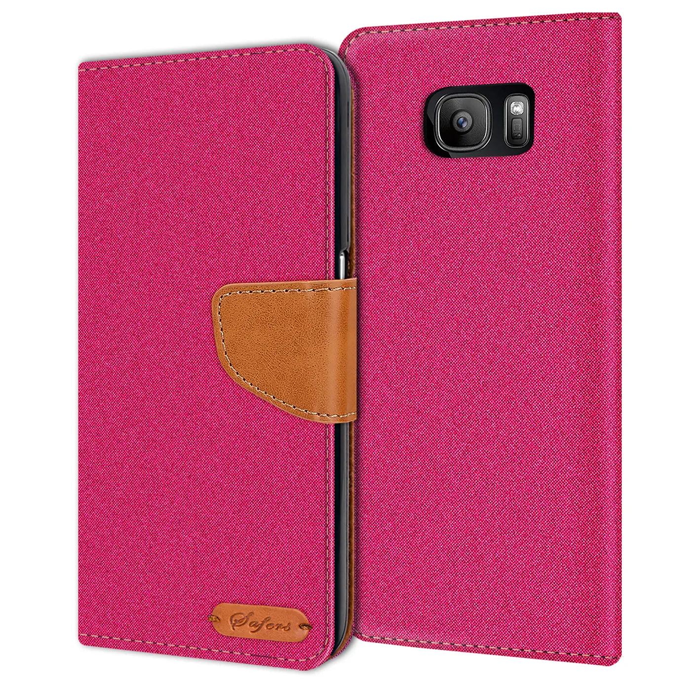 Pink Textil Klapphülle mit braunem Lederdetail, Vorderansicht, für Samsung Galaxy S7.