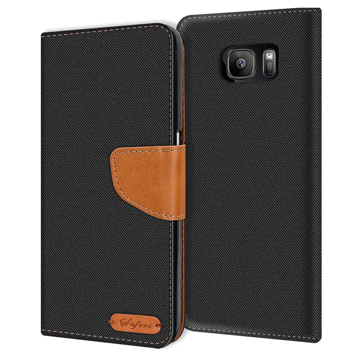 Schwarze Textil-Klapphülle mit braunem Lederriemen, Samsung Galaxy S7 Rückseite sichtbar.