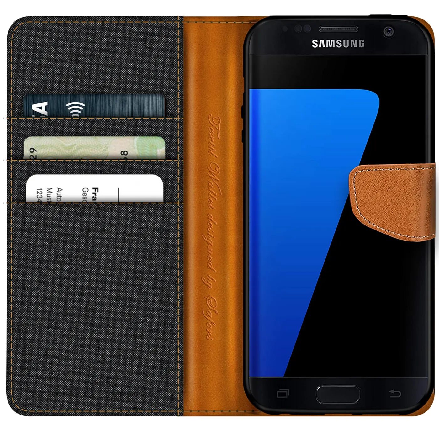 Textil-Klapphülle mit Kartenfach, braun/grau, für Samsung Galaxy S7, von vorne