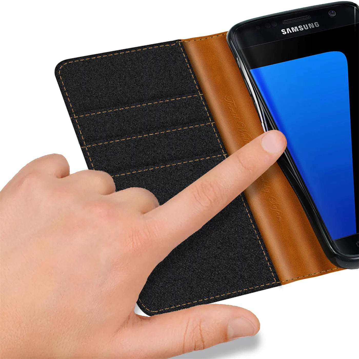 Textil-Klapphülle, schwarz/braun, mit Samsung Galaxy S7, von oben links