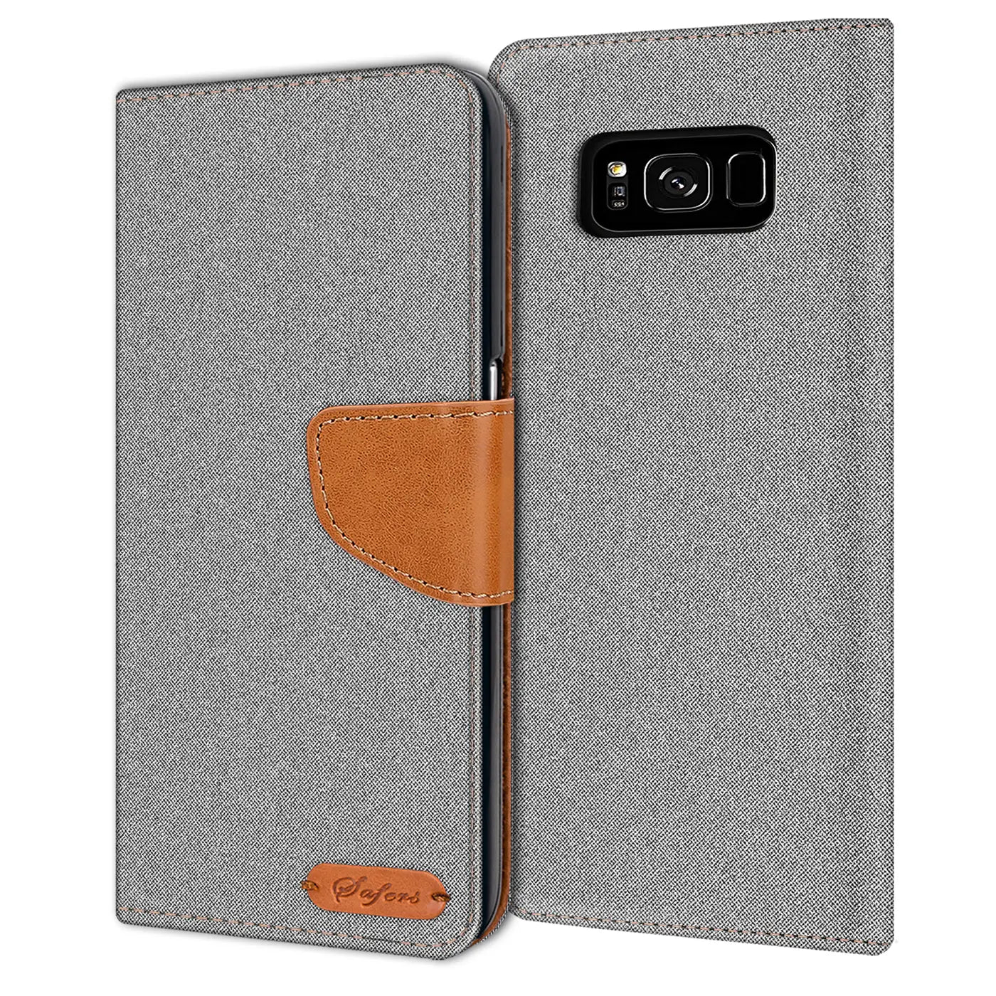 Graue Textil-Klapphülle mit braunem Lederdetail, offen, zeigt Samsung Galaxy S8 Rückseite.