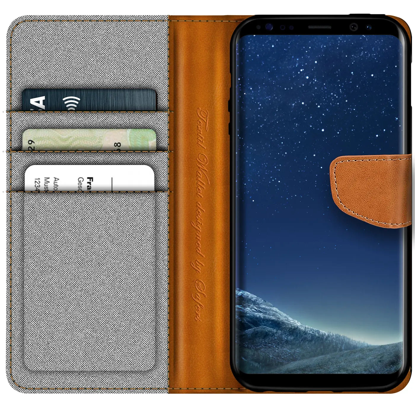 Braune Leder-Klapphülle mit Kartenfach für Samsung Galaxy S8, von vorne, leicht schräg.