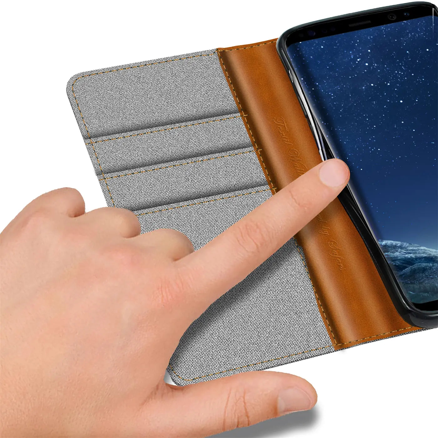 Graue Textil-Klapphülle mit braunen Lederdetails, Samsung Galaxy S8, von oben.