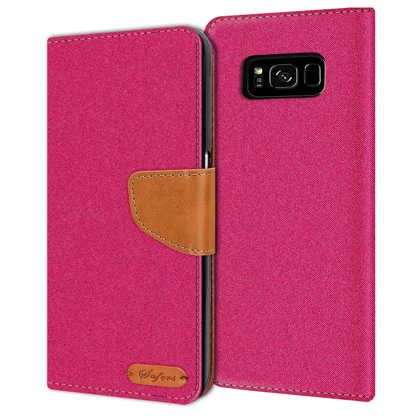 Pink Textil Klapphülle mit braunem Lederriemen, Vorderansicht, Samsung S8 Plus