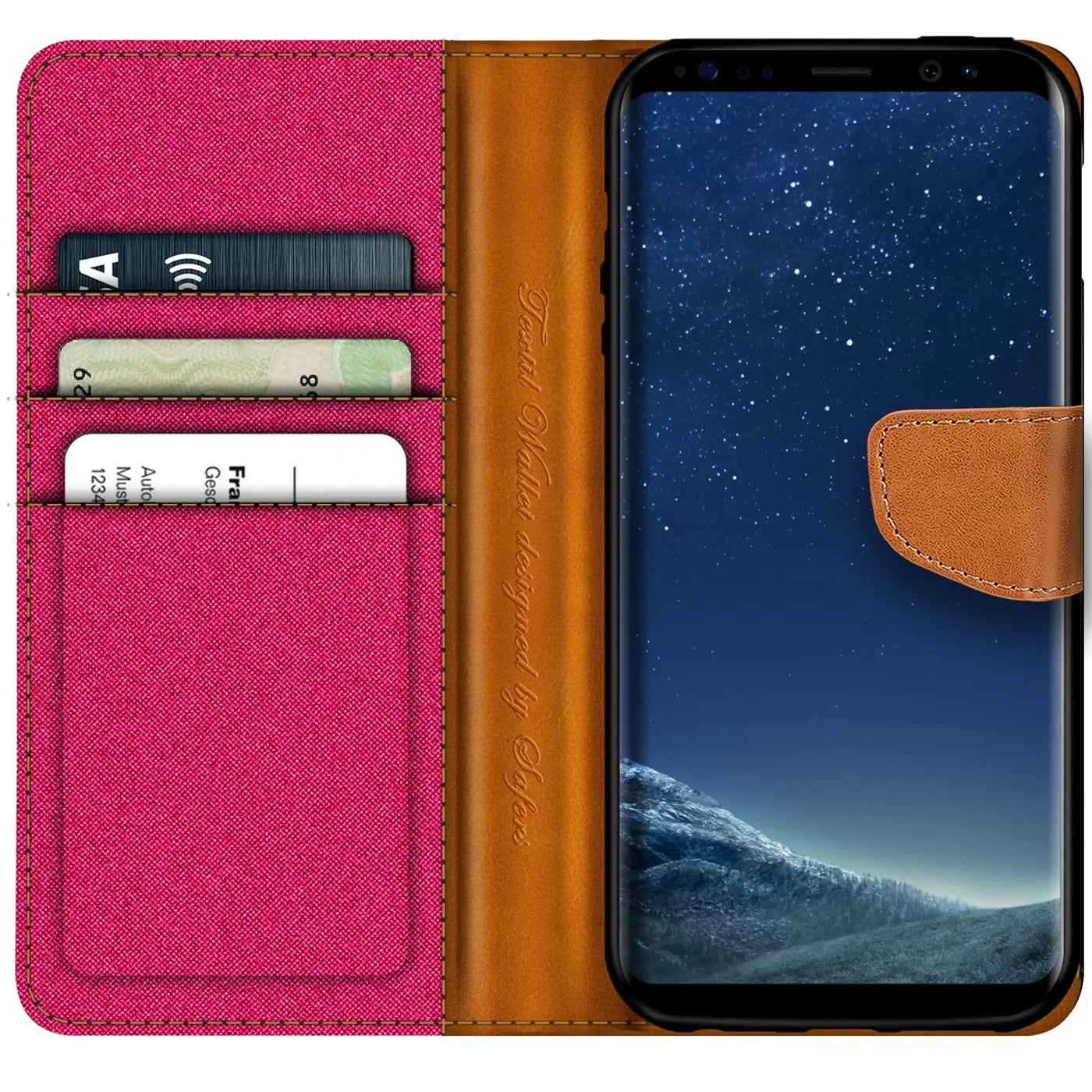 Textil-Klapphülle in Pink/Braun mit Kartenfach, Samsung Galaxy S8 Plus, von vorn
