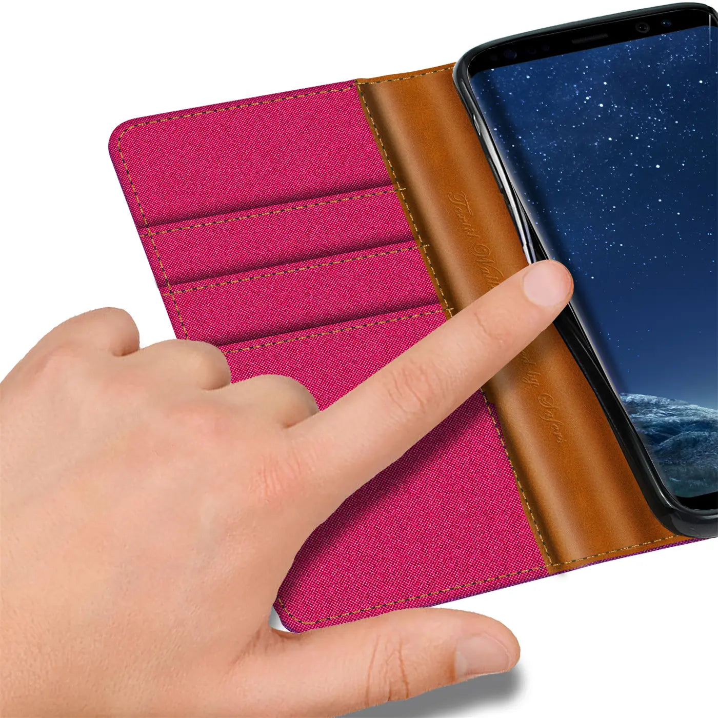 Pink Textil Klapphülle mit Kartenfach, braunes Leder, Samsung S8 Plus, Nahaufnahme