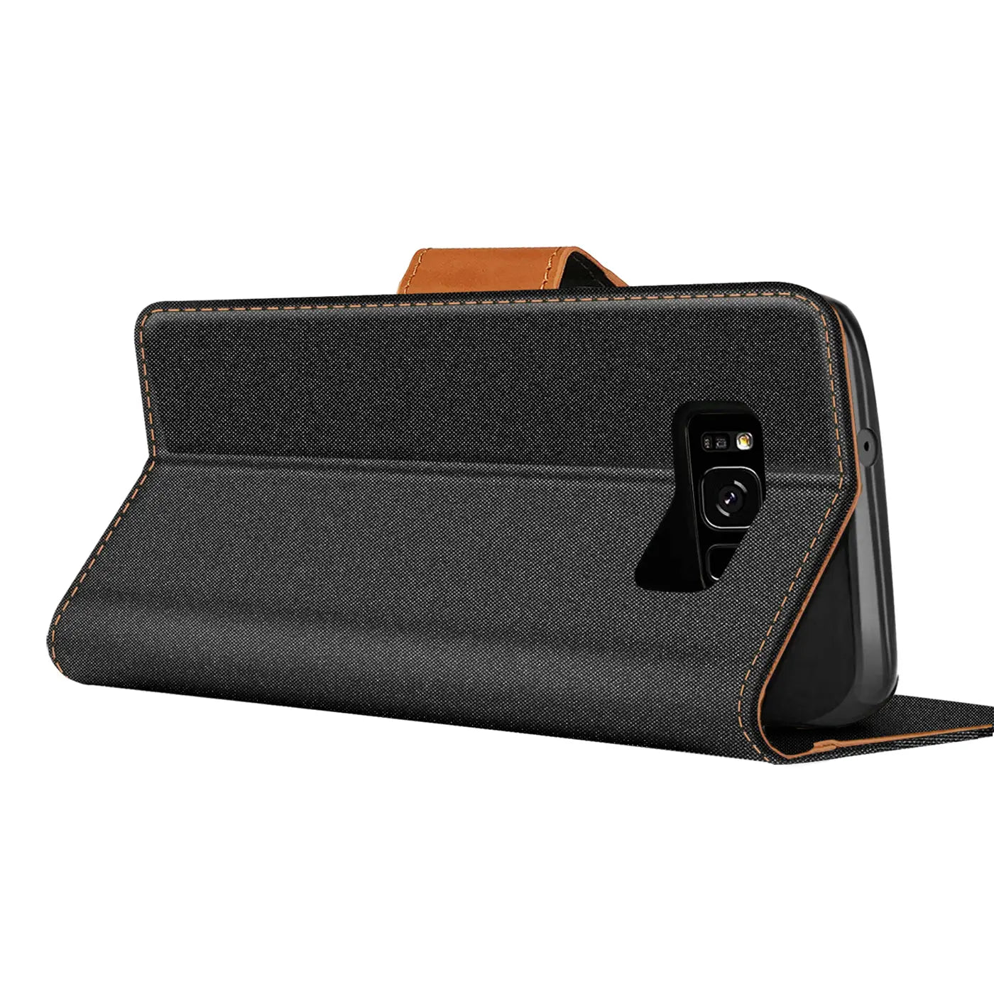 Schwarze Textil-Klapphülle mit braunen Akzenten, Seitenansicht, Samsung S8 Plus mit Kamera.