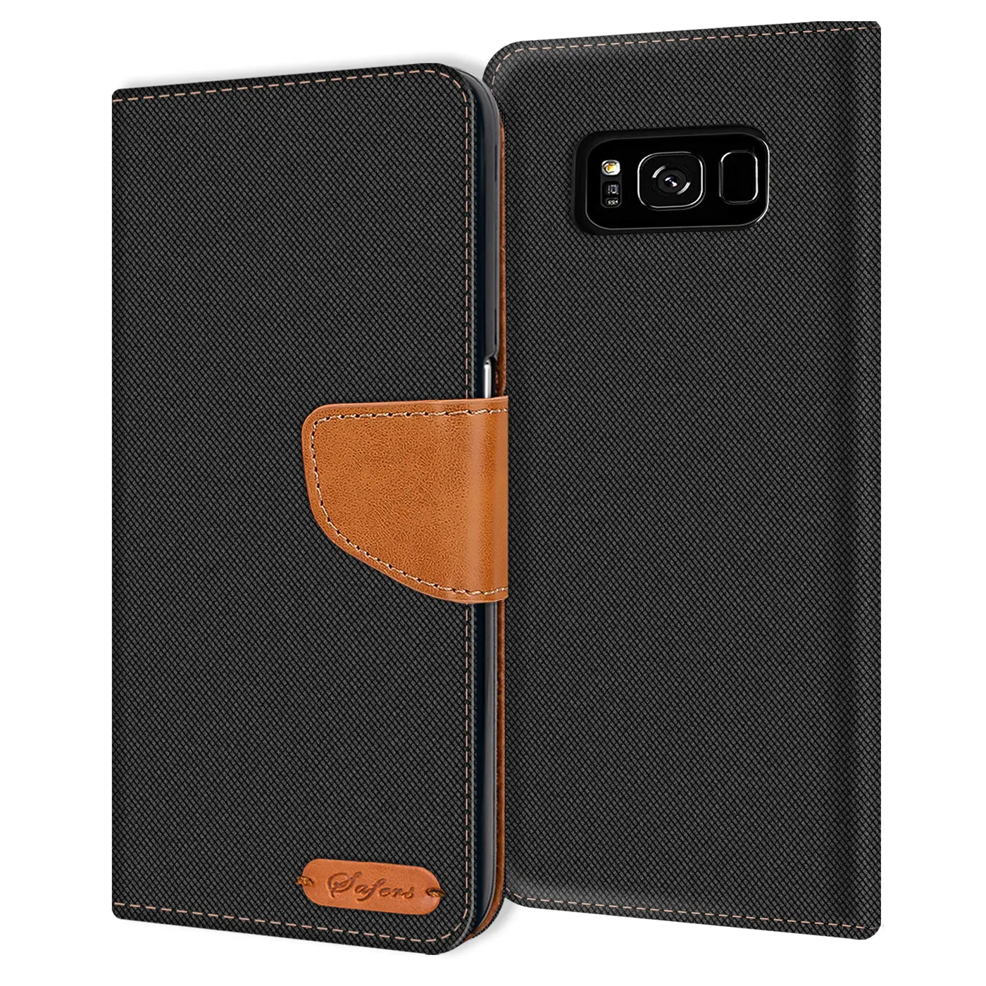 Schwarze Textil-Klapphülle mit braunem Lederakzent, Vorder- und Rückansicht, Samsung Galaxy S8.