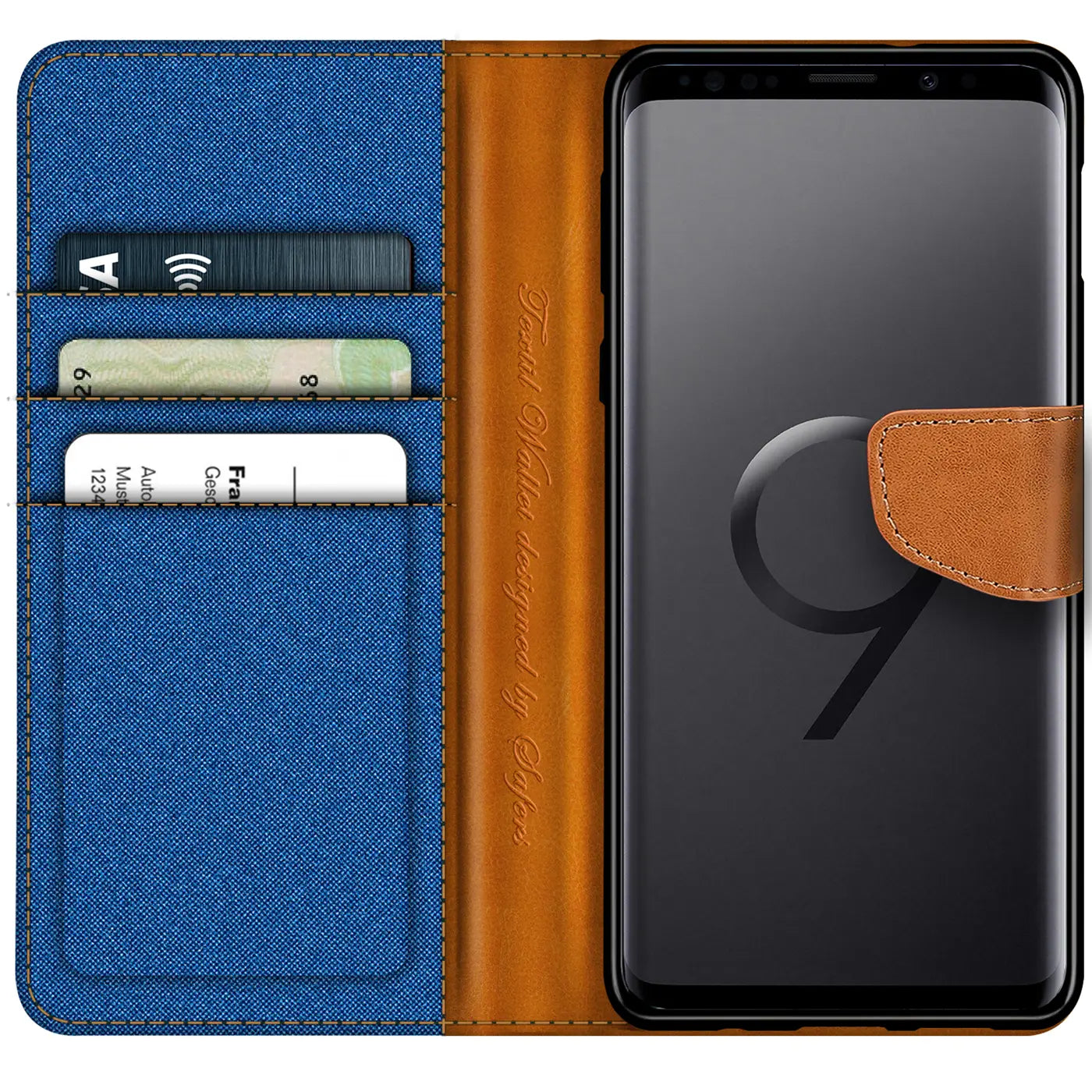 Blaue Textil-Klapphülle mit braunen Lederakzenten, Kartenfächern, zeigt Samsung Galaxy S9.
