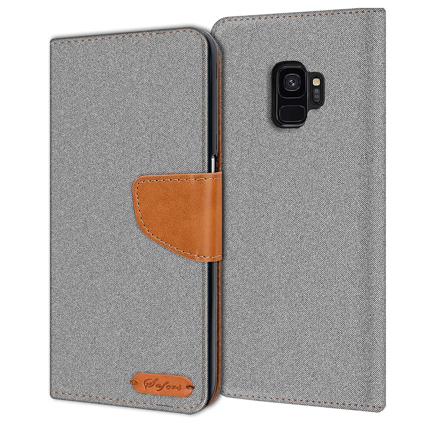 Graue Textil Klapphülle mit braunem Lederdetail für Samsung Galaxy S9, von vorne