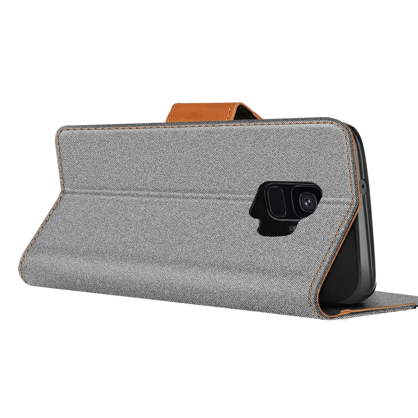 Graue Textil-Klapphülle mit braunem Lederriemen, seitliche Ansicht, zeigt Samsung Galaxy S9.