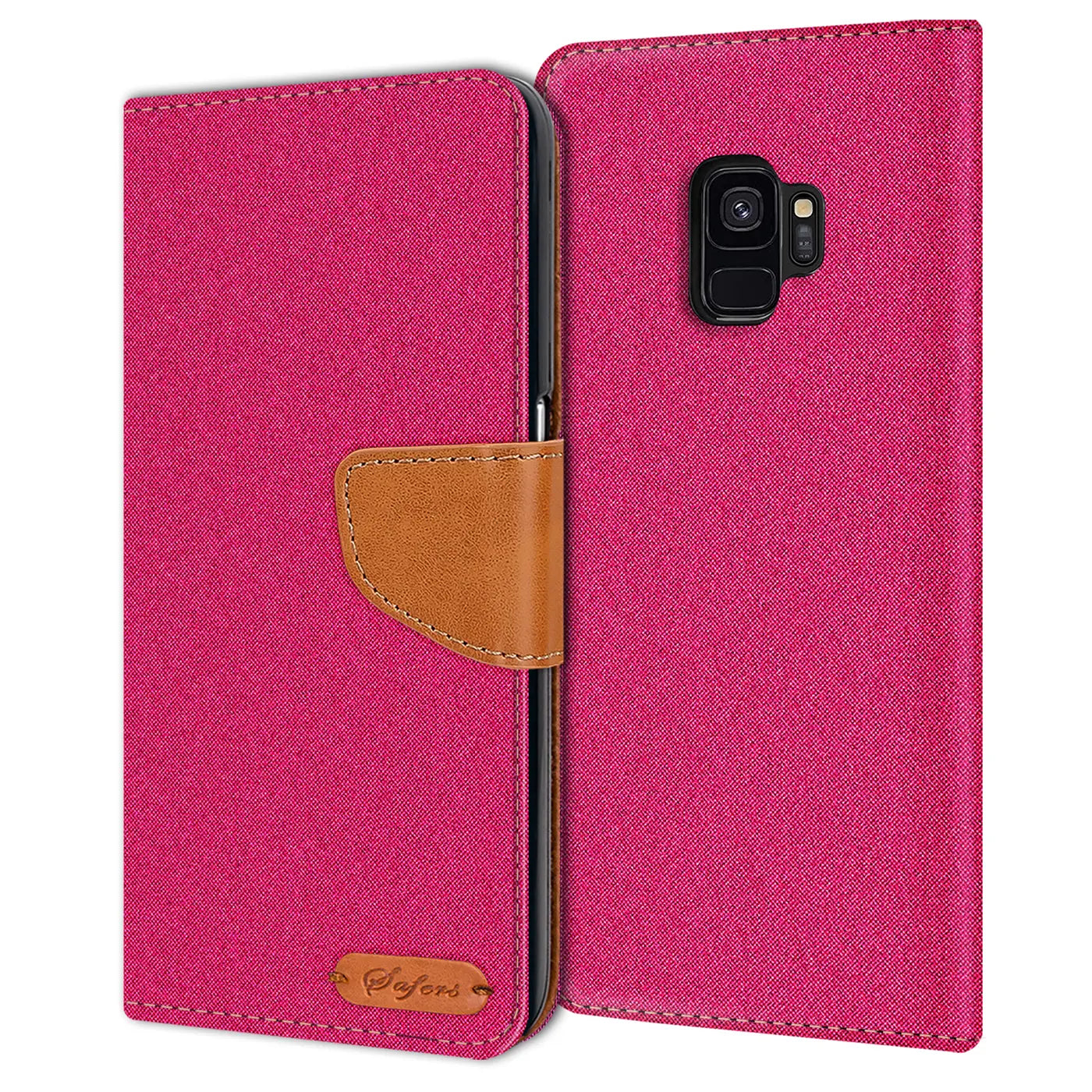 Fuchsia Textil Klapphülle mit braunem Lederdetail, von vorne, für Samsung S9