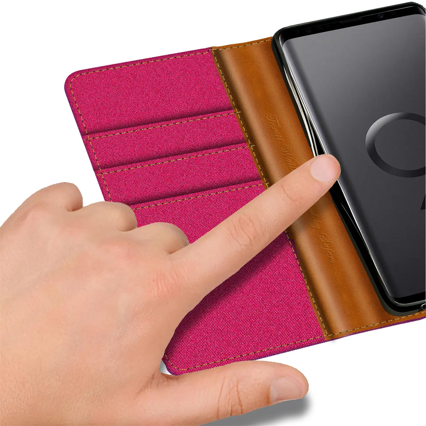 Pink Textil Klapphülle mit Kartenfach, braunes Leder, Samsung S9, Nahaufnahme