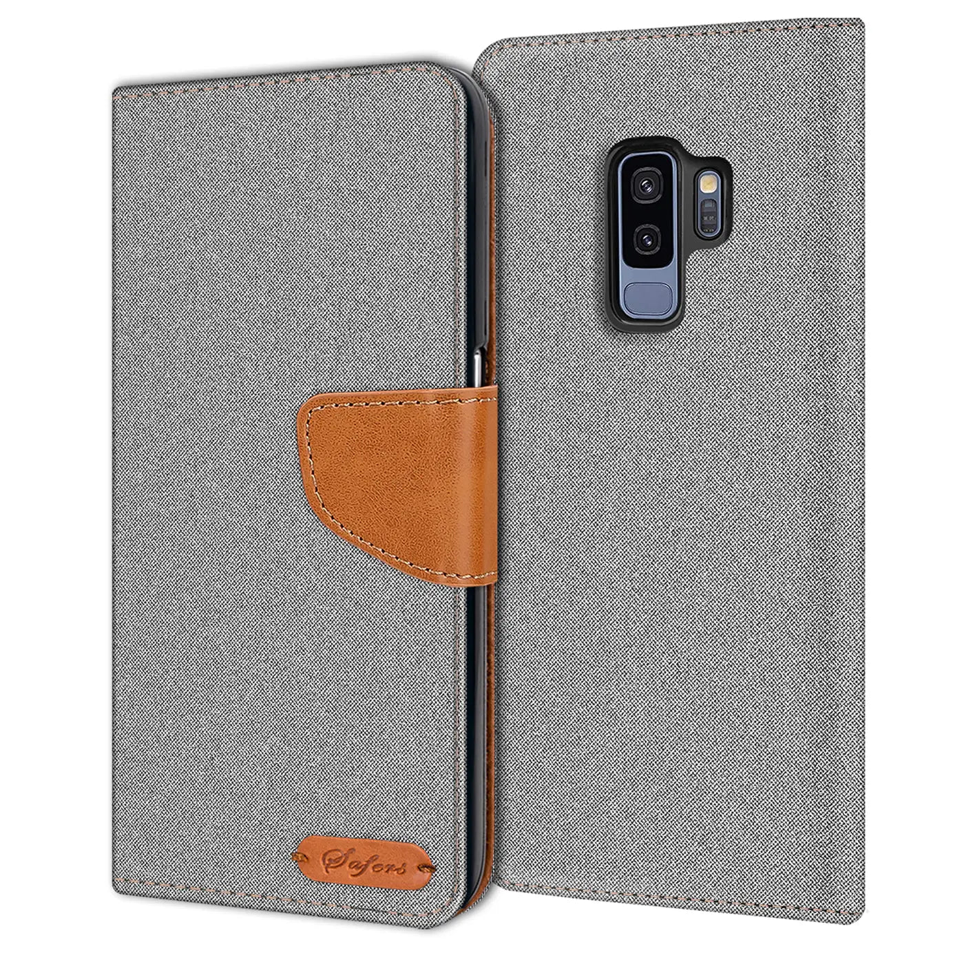 Graue Textil-Klapphülle mit braunem Lederakzent für Samsung Galaxy S9 Plus, von vorne gezeigt.