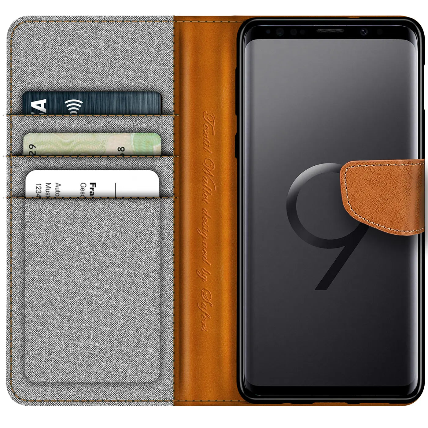 Graue Textil-Klapphülle mit braunen Lederdetails und Kartenfächern, zeigt ein Samsung Galaxy S9 Plus.