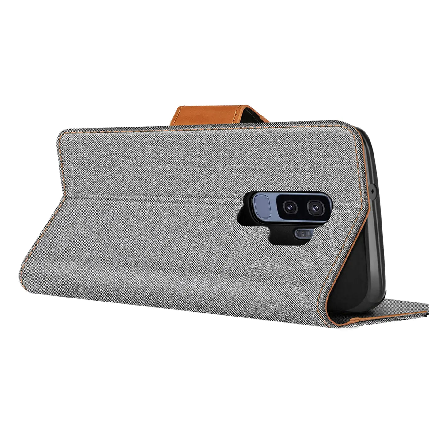 Graue Textil-Klapphülle mit braunem Lederriemen, seitliche Ansicht, zeigt Samsung S9 Plus Kamera.