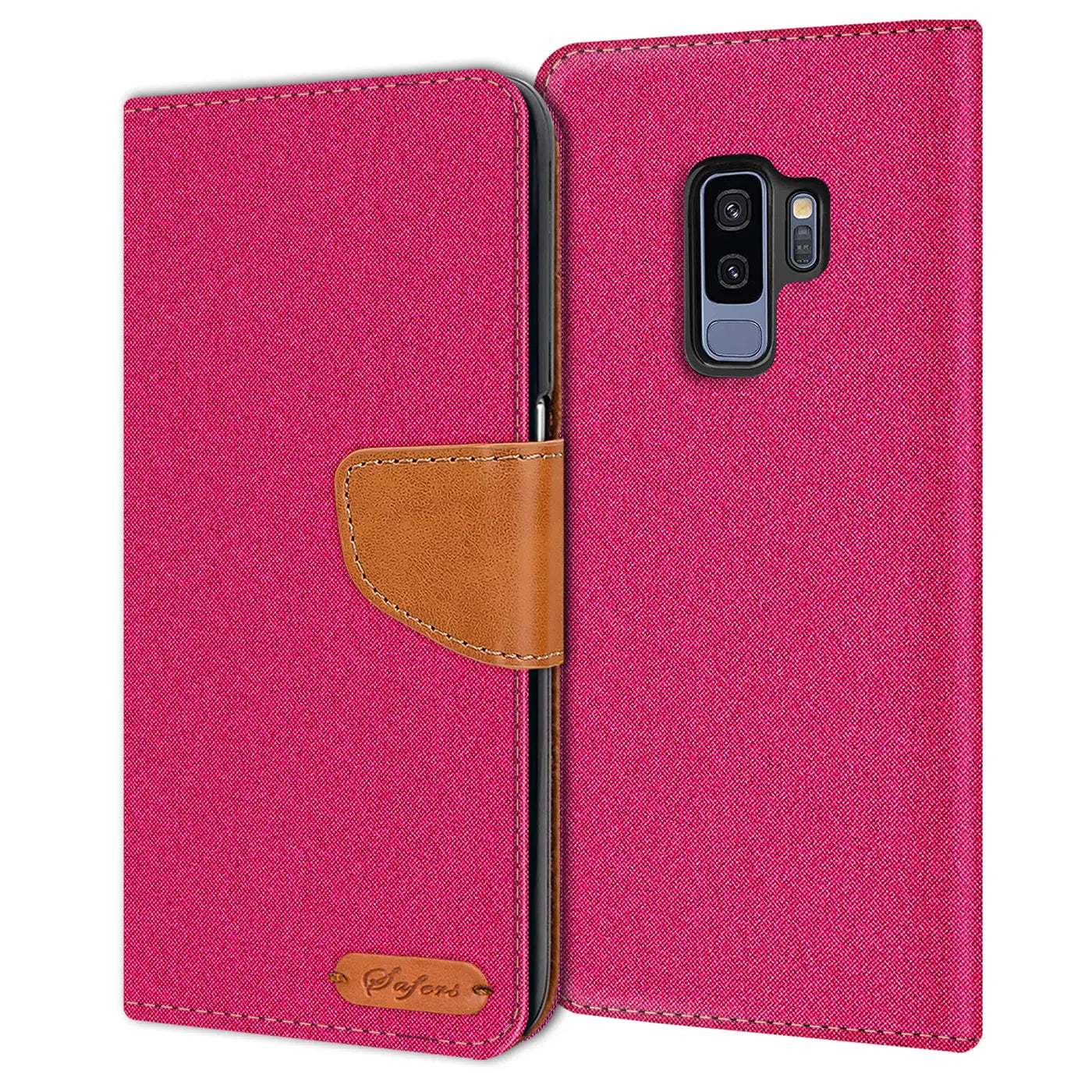 Fuchsia Textil Klapphülle mit braunem Lederdetail, Samsung Galaxy S9 Plus.