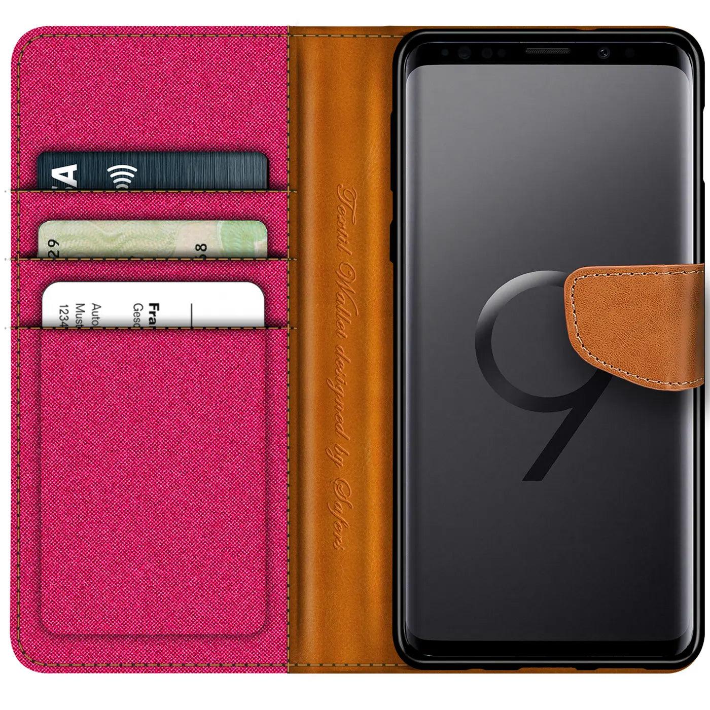 Samsung Galaxy S9 Plus Textil Klapphülle, Pink/Braun, Kartenfach, von vorn