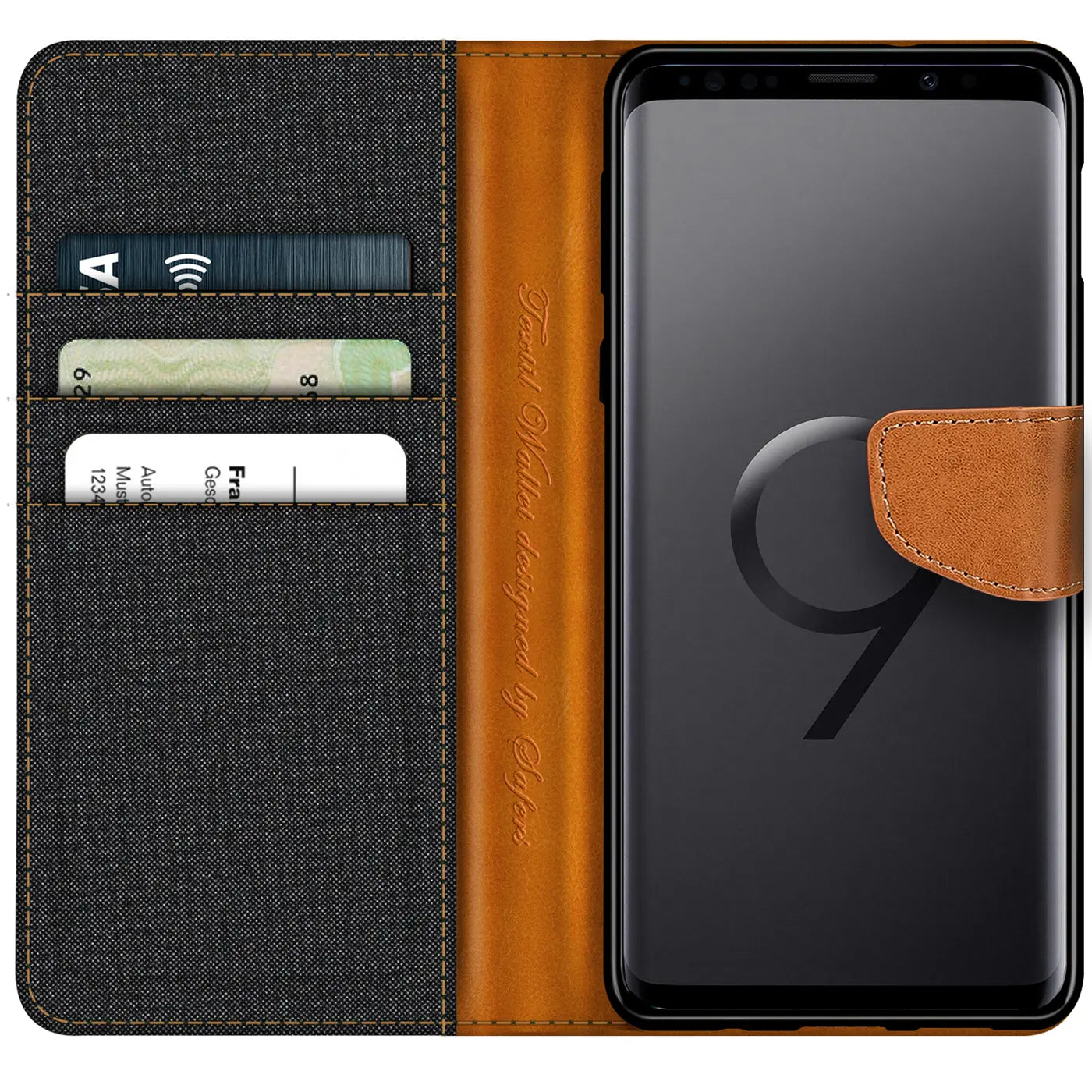 Samsung Galaxy S9 Plus Textil Klapphülle, braun/schwarz, Kartenfach, von vorn