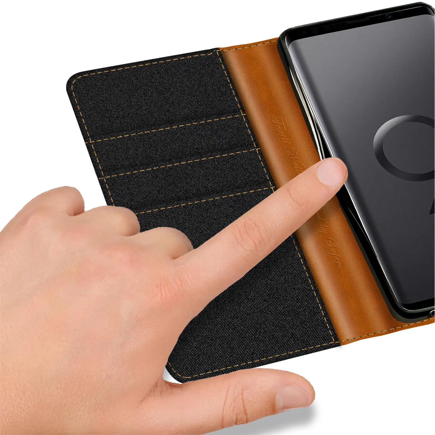 Samsung Galaxy S9 Plus Klapphülle, Textil/Leder, Kartenfach, Nahaufnahme