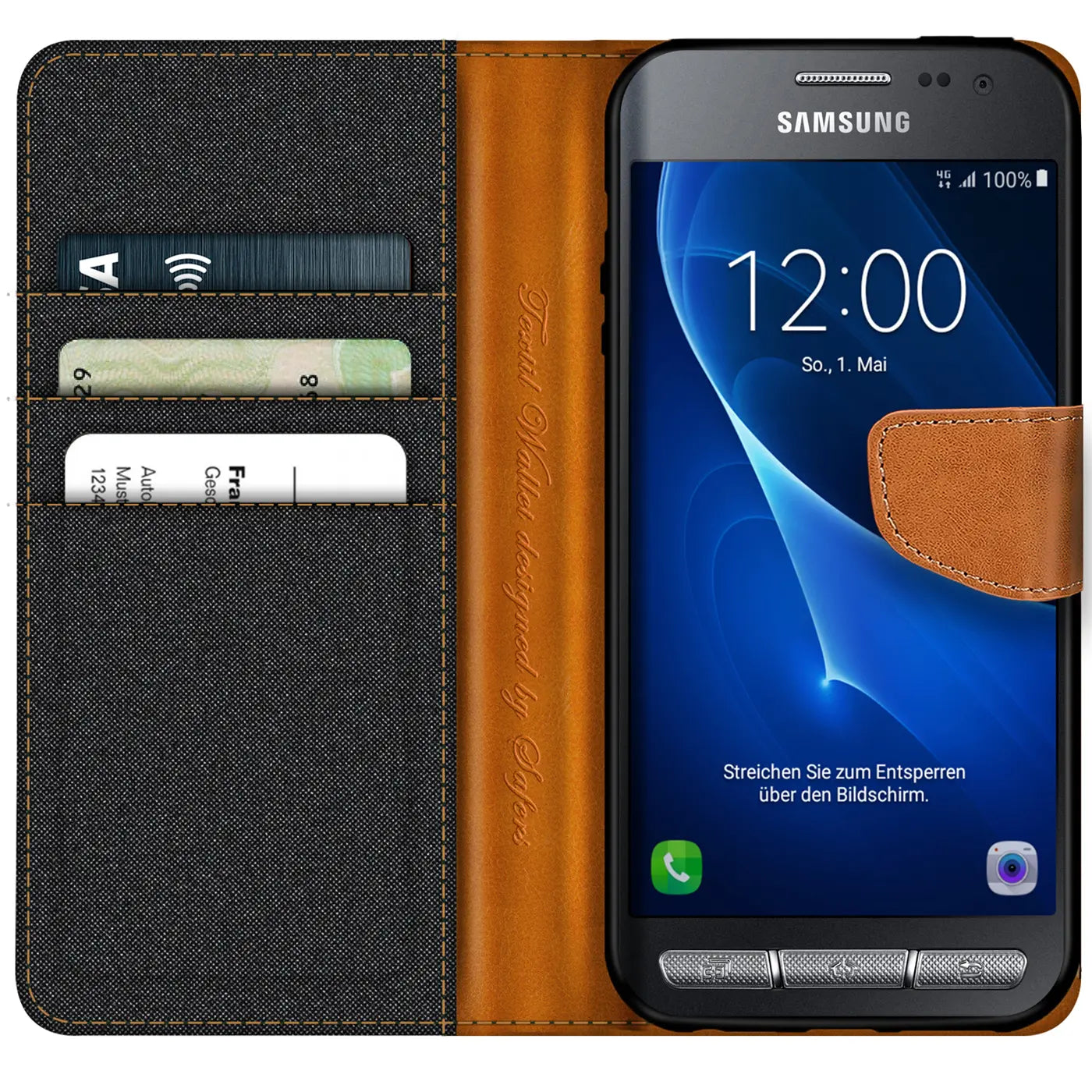 Textil-Klapphülle in Schwarz/Braun mit Kartenfach für Samsung Galaxy Xcover 3, von vorn