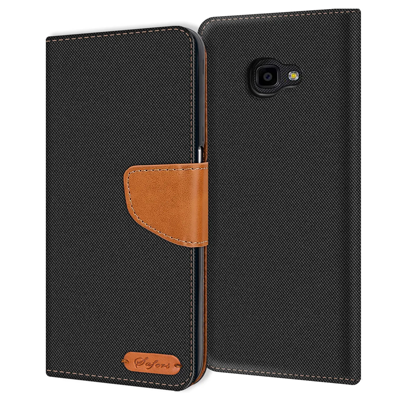 Schwarze Textil-Klapphülle mit braunem Lederriemen, Kartenfach, Samsung Xcover 4, von vorne