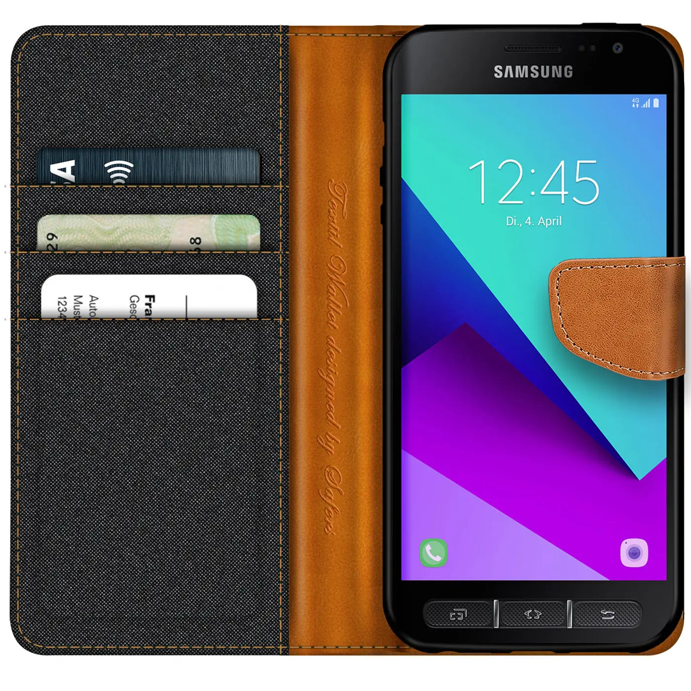 Textil-Klapphülle mit Kartenfach, braun/grau, Samsung Galaxy Xcover 4, von vorne