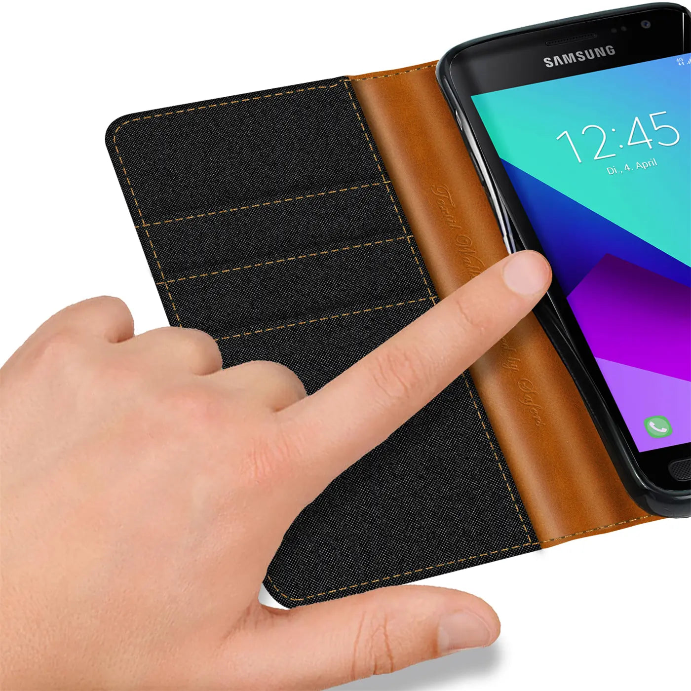 Samsung Galaxy Xcover 4 Klapphülle, Textil/Leder, von vorne, mit Kartenfach