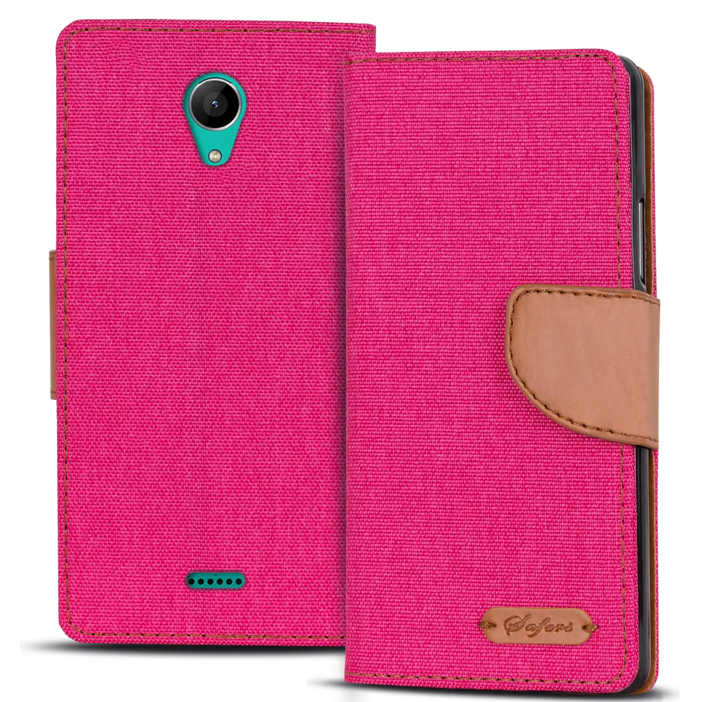 Pink Textil Klapphülle mit braunem Lederdetail für Wiko Freddy, Vorderansicht.