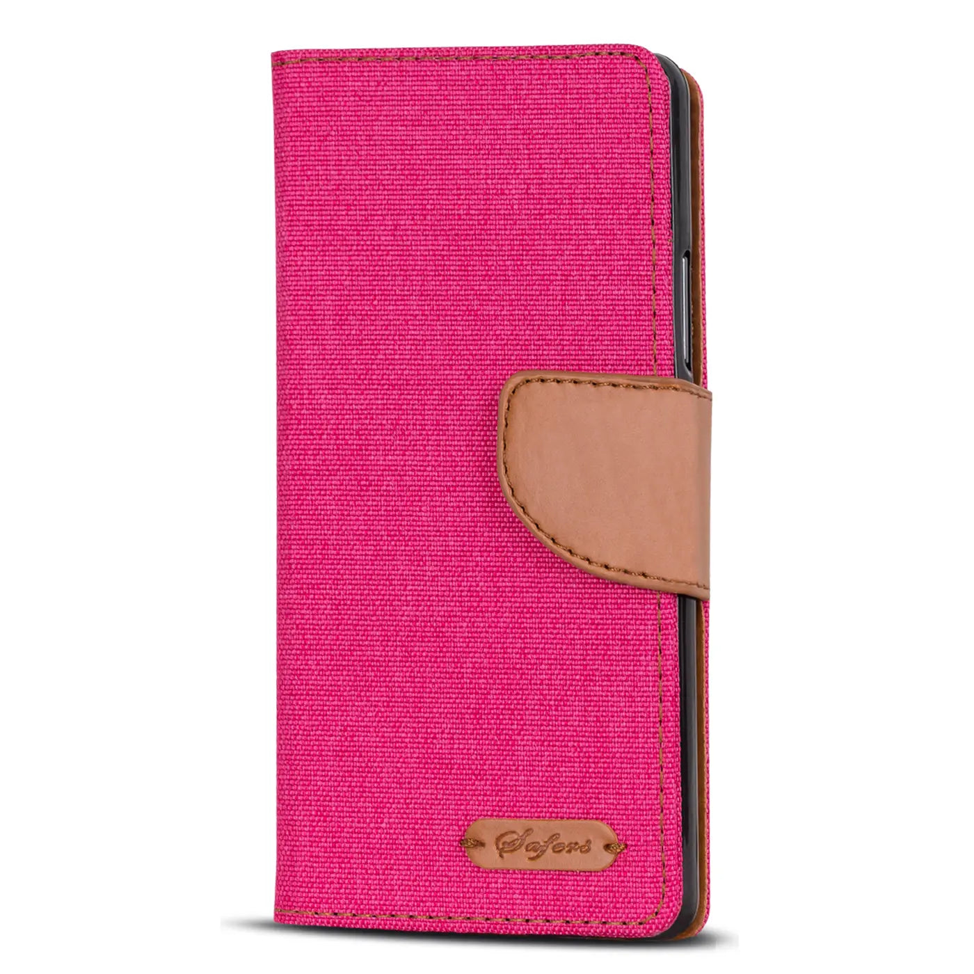 Pinke Textil-Klapphülle mit braunem Lederriemen, von vorne, für Wiko Freddy.